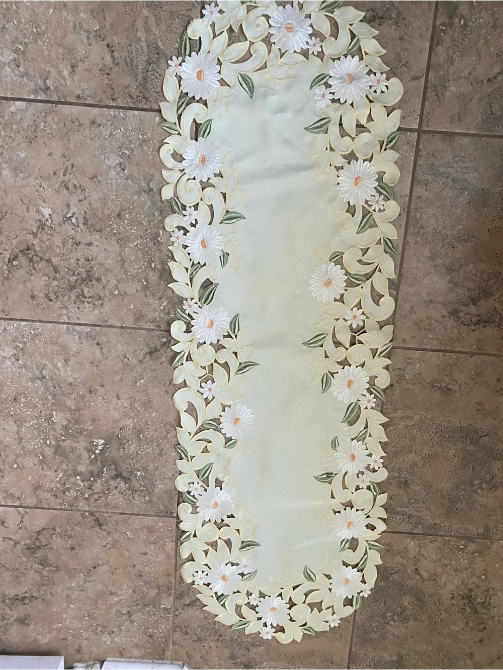 Yellow Embroidered Floral Cut Work Lace Center Cottagevore Table Runner 44x15